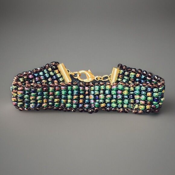 Artist Handmade Seed Bead Bracelet, Multicolor: Blues, Greens, Purples - Picture 1 of 6